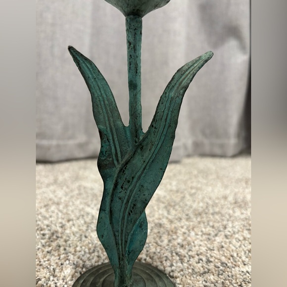 Vintage Tulip Candleholder Single Frosted Glass Flower, Green Metal Stem - Picture 10 of 12